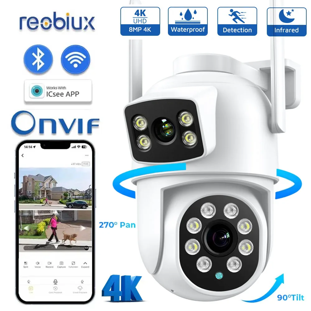 

Reobiux 4K 8MP PTZ Wifi Camera Outdoor Wireless Security Camera Dual Lens Dual Screen Color Night Vision Human Detection iCSee