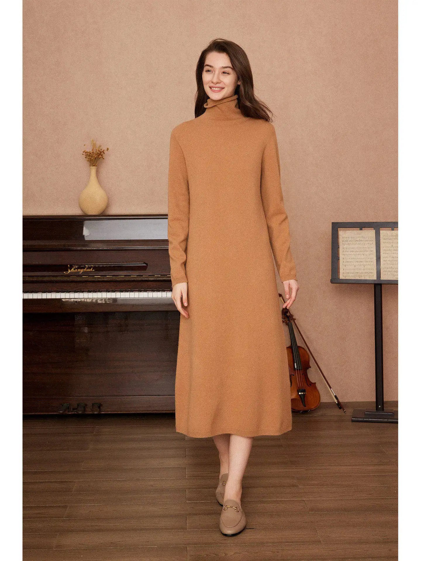 

Ele Pure Wool Long Sve Dr Women's plus Size Concealing Slimming High Collar Casual Comfortable Fit Knitted Gown