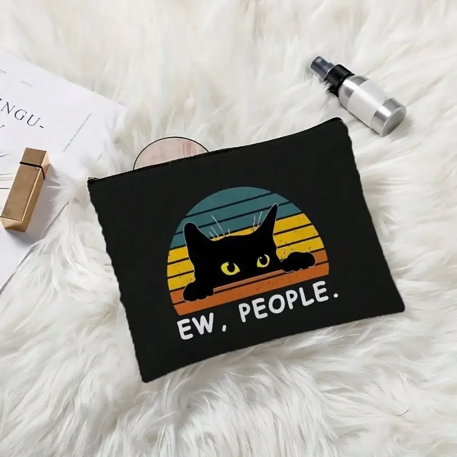 

Ladies' Retro 80s Pop Art Cat, Makeup Pen Storage Bag with "Ew, People" Printed - Black Stripe, Fashionable Portable Makeup Bag