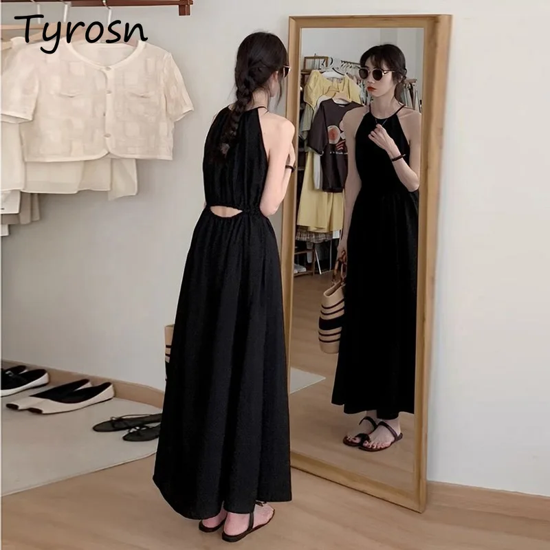 

Sleeveless Midi Dresses Women Neck-mounted Hollow Out Solid A-line Loose Design Streetwear Sexy Korean Style Chic Summer Fashion