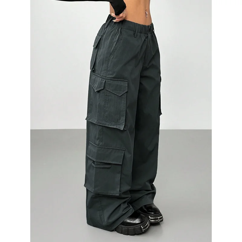 

YQ1-Independent Station2025Spring Summer New Street Style Casual Pants Elastic Waist High Waist Wide Leg Cargo Pants