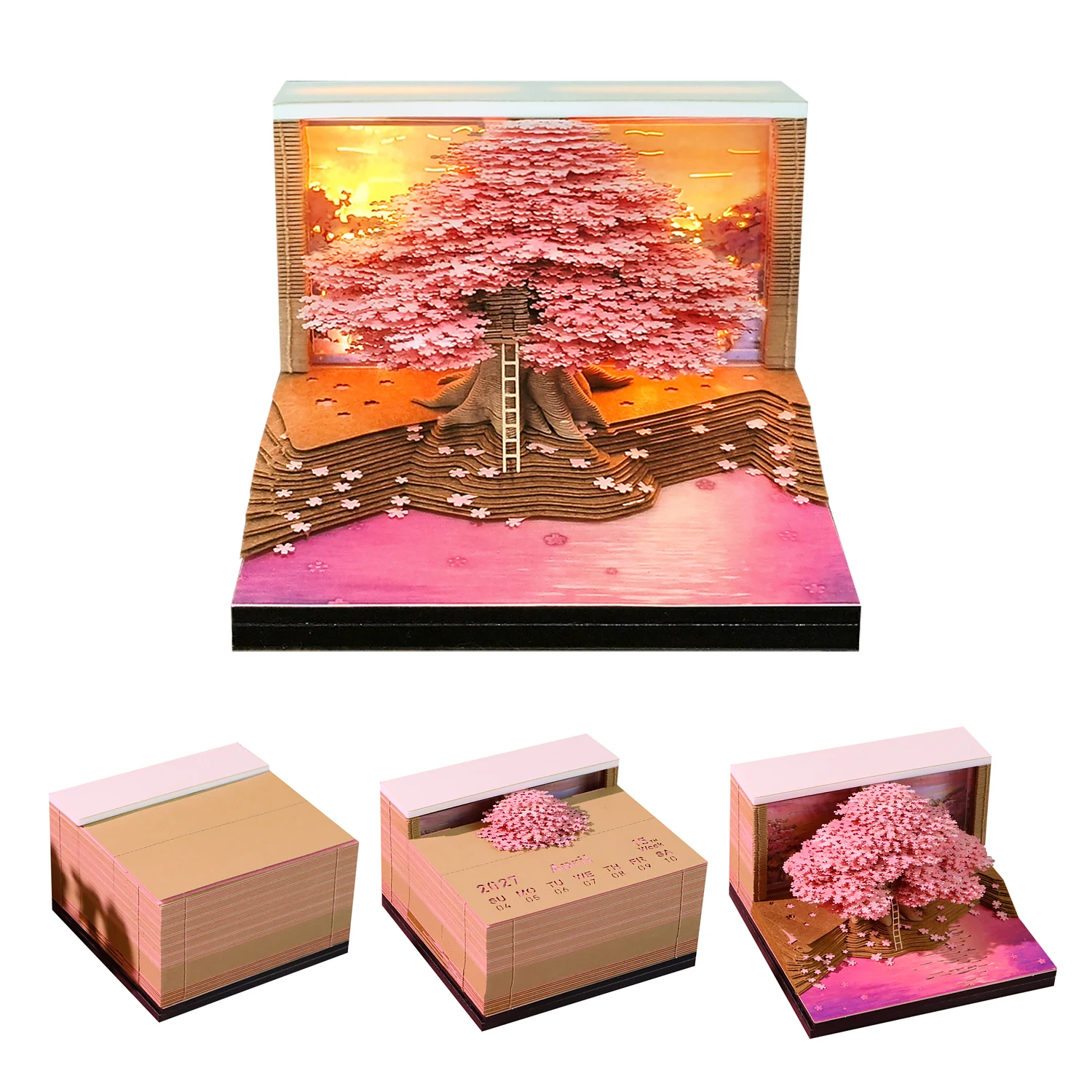 Romantic Sakura Tree 3D Memo Pad with LED Light Breathtaking Detailed Leaves Paper Cube 3D Calendar Style Sculpture Notes Block