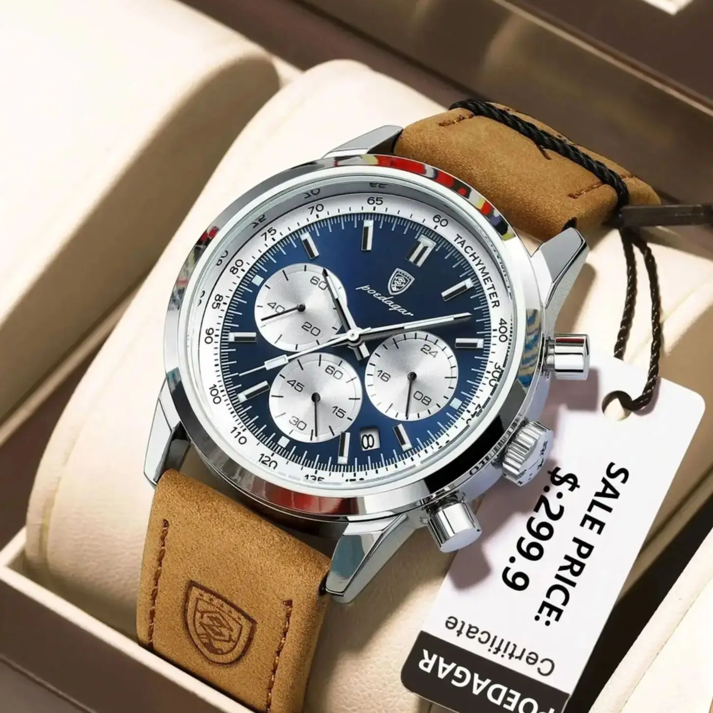 2026 Premium Chronograph Men's Watch – Luminous Dial, Date Window, Waterproof Leather Strap, Quartz – Top Gift