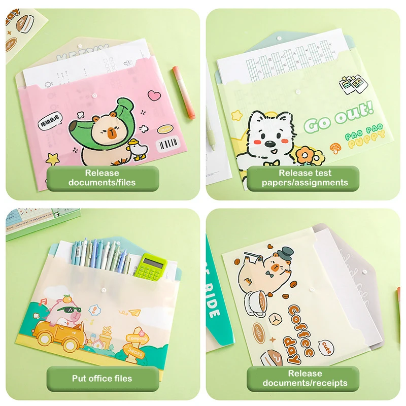 4Pcs Cartoon Capybara File Bag Waterproof Durable Test Paper Storage Bag Office Information File Bag Student Stationery Gifts