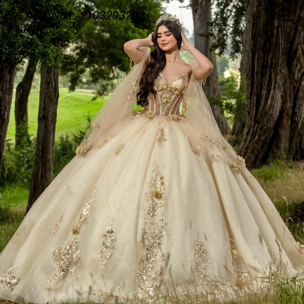

EVLAST Customized Shiny Gold Ball Gown Quinceanera Dress 3D Floral Applique Beading Cape Sweet 16 Vestidos De 15 Anos E1QN347