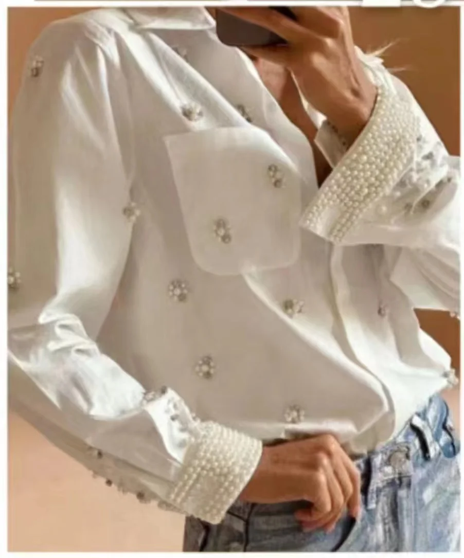 Luxury Beading Embroidery Blouses Shirts Women 2024 Button Up New In Long Sleeve Shirts Fashion Causal Tops Camisas De Mujer