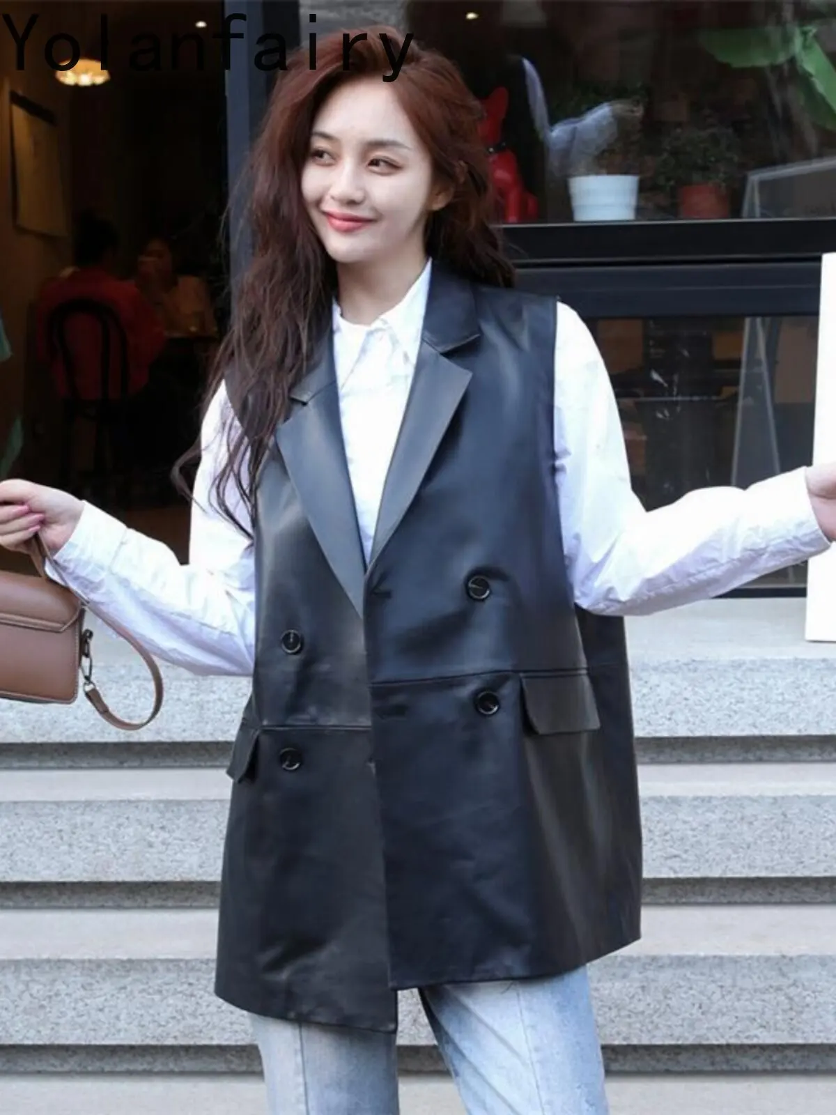 YOLANFAIRY 2026 Real Sheepskin Genuine Leather Vest for Woman Autumn Black Midi Vests Women Suit Collar Slim Sleeveless Coat
