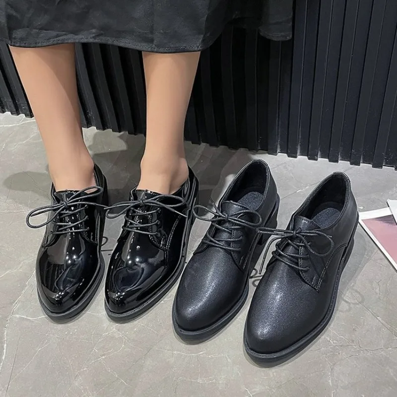 Women Oxford Flats Autumn Spring PU Leather Shoes Woman Full Black Office Female Derby Lace-up Zapatillas Mujer Casual Loafers