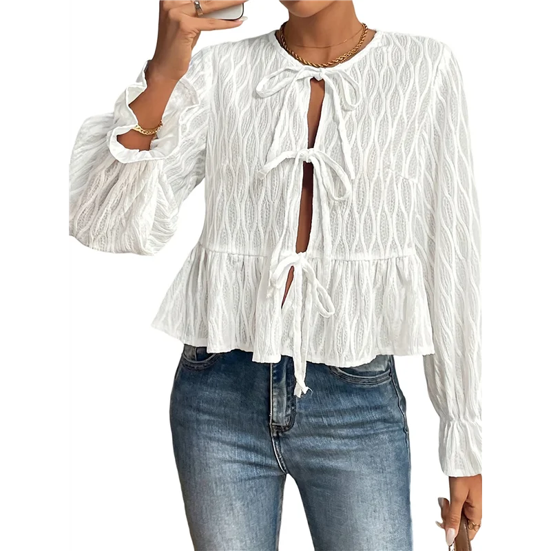 

CYL-Womens Tie Front Tops Babydoll Puff Long Sleeve Blouse Y2k Shirt