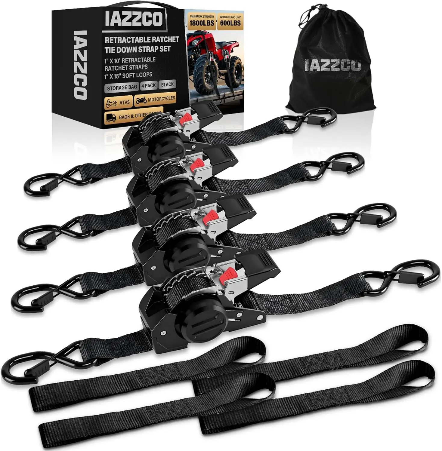 

4-Pack 10FT Retractable Ratchet Straps, 1 Inch Heavy Duty with Soft Loops & Bag for Motorcycle, Truck, ATV