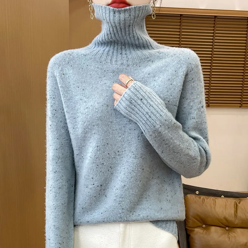 Women's Turtleneck 100% Pure Wool Sweater Women's Fall/Winter Dot Yarn Super Soft Pullover Knitted Thick Warm Outdoor Casual Top