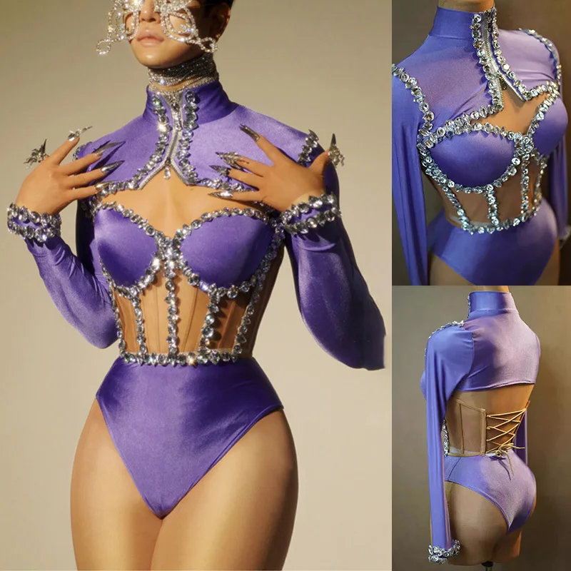 Women Sexy Sparkly Diamonds Leotard Set Performance Dance Costume Singer Dancer Stage Bodysuit Nightclub Pole Dancing Dress