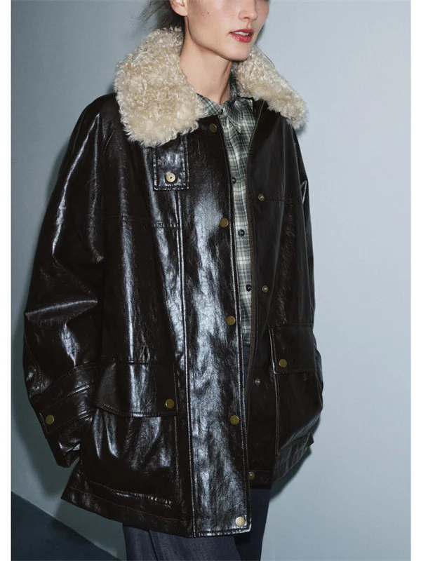 Faionable Casual Artificial Fur Collar Jaet Women's Leather Coat New Autumn Winter Zipper Straight Tube Long Sve Coat