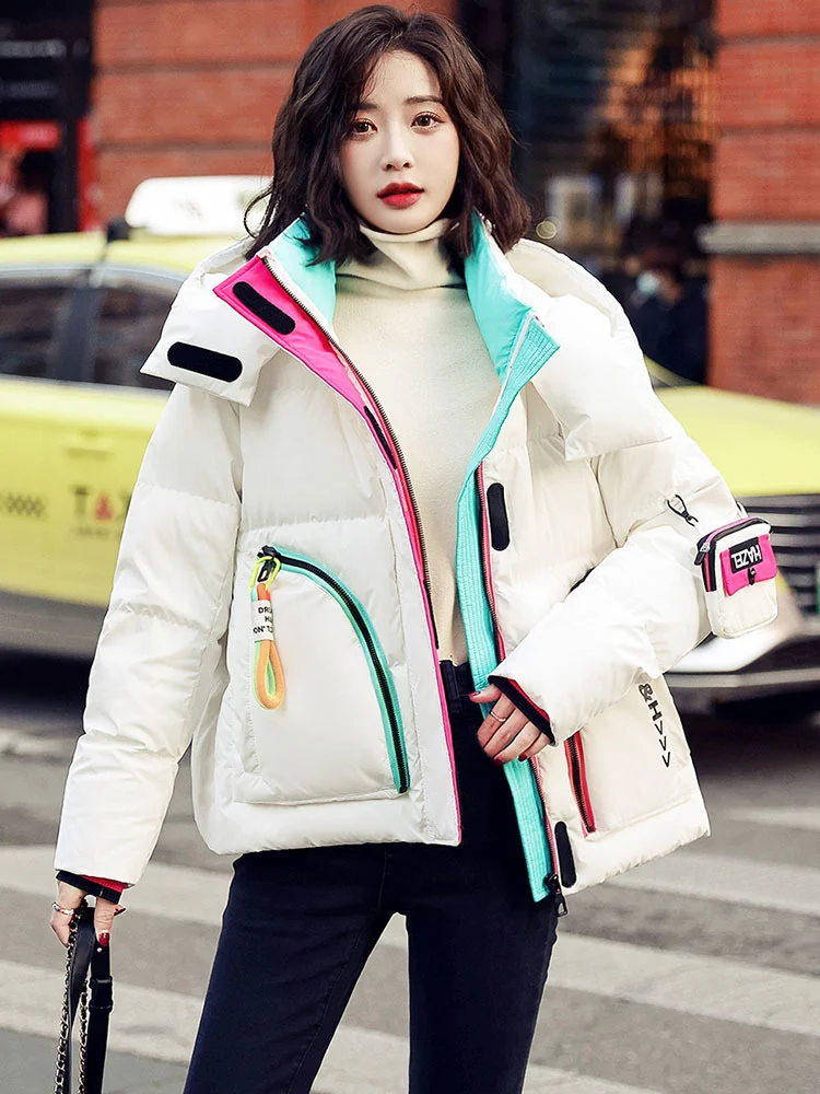 Winter Glossy Waterproof 2023 Short 90% White Duck Coat Women Thick Loose Outerwear Warm Down Jacket Hooded Parka