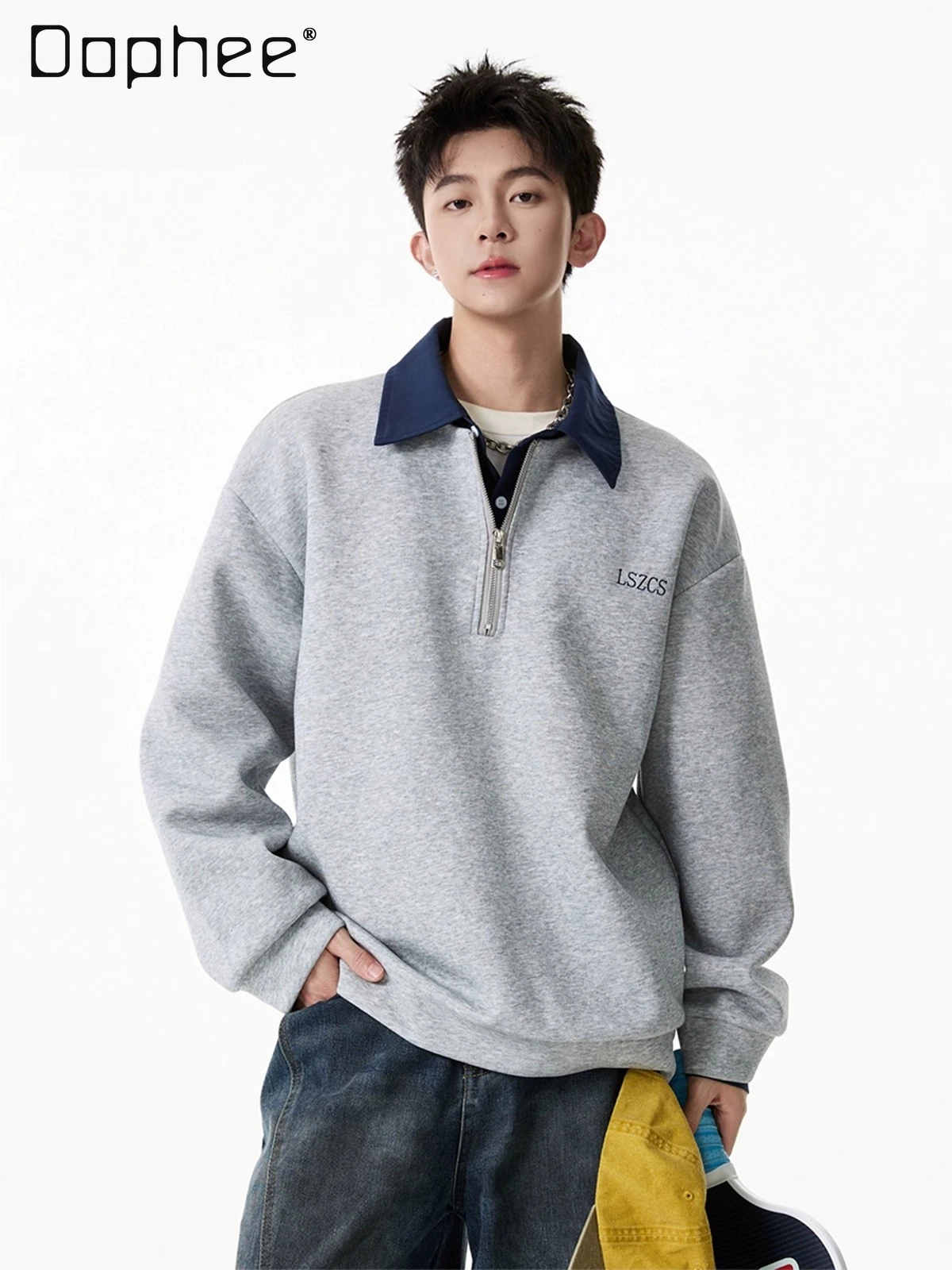 

2025 Spring and Autumn New American Retro Men's Half-Zip Gray Sweatshirt Loose Versatile Polo Collar Black White Long Sleeve Top