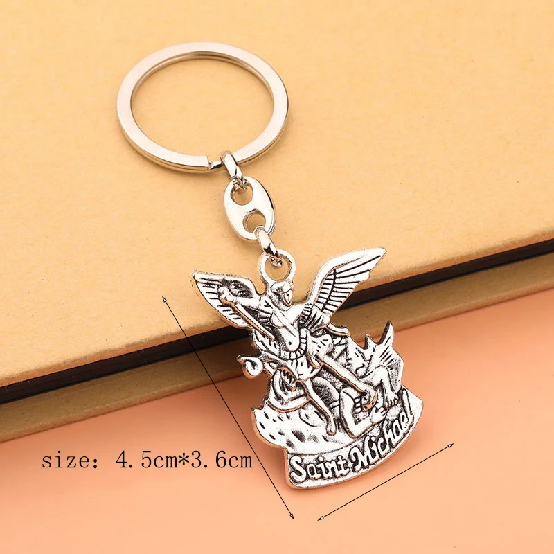 Silver Angel Saint Michael Archangel Keychain Pendant for Keys Catholic Christ Pray For Us Key Ring Religious Souvenir Gift