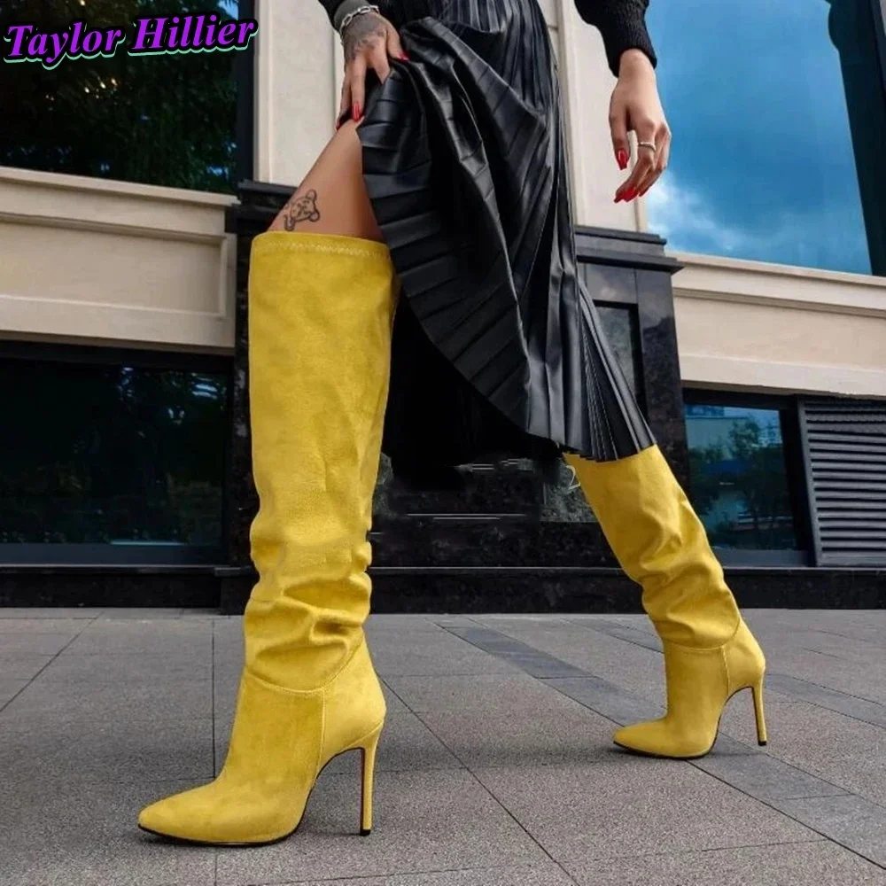 الوردي مطوي الجلد المدبوغ أحذية النساء أشار تو الكعوب عالية الجودة بوتاس مصمم لون الحلوى الركبة عالية الصلبة سحب على الأحذية حجم كبير