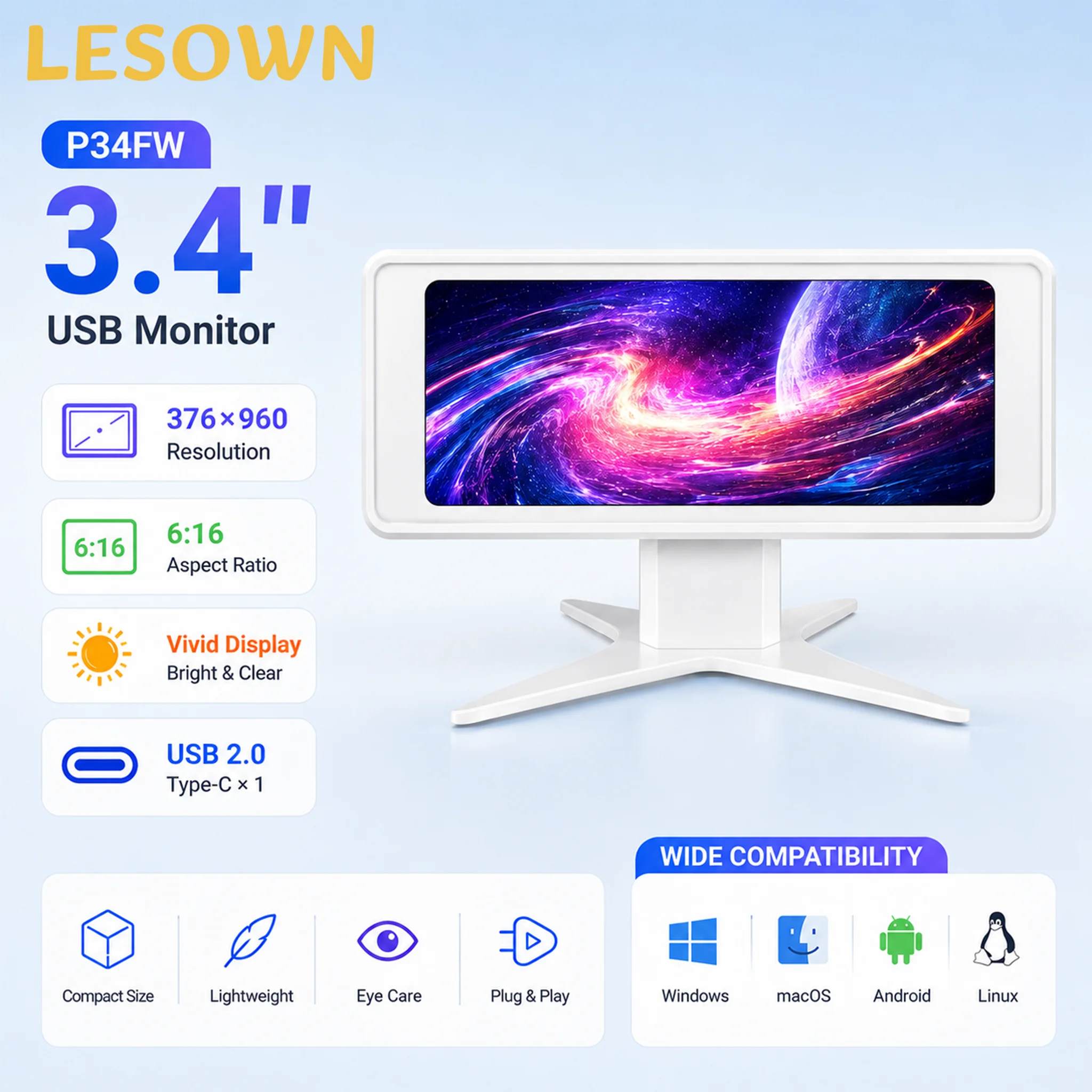 LESOWN 3.4" Mini PC Monitor Secondary Screen 376x960 AIDA64 USB Display CPU RAM Temperature Monitor Sub Screen For PC Case DIY