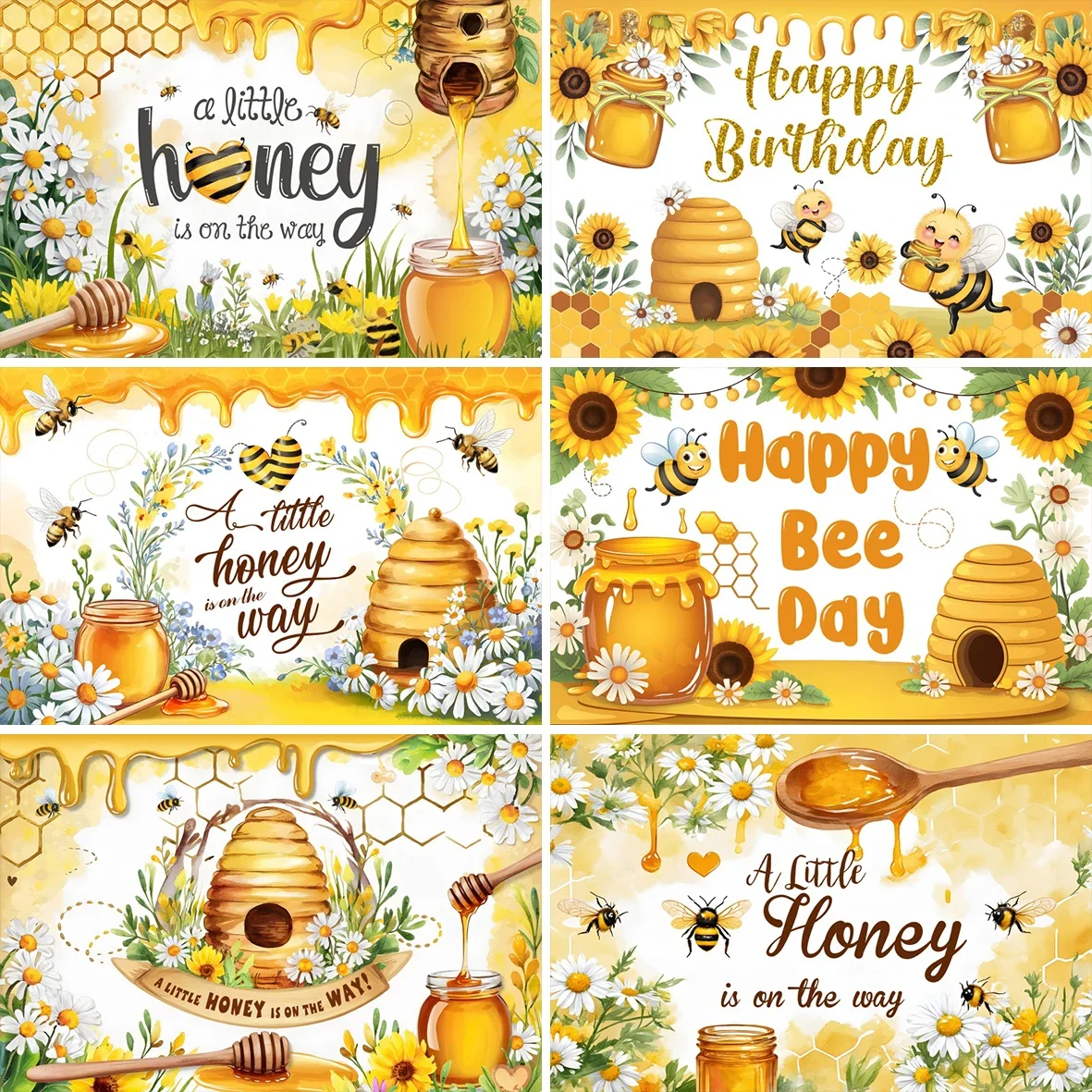 

Baby Shower Newborn Party Sweet Bee Honeycomb Photography Background Beautiful Daisies Sunflower for Portrait Photocall Backdrop