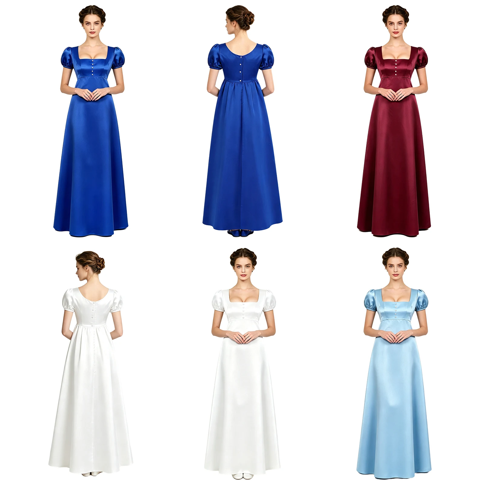 Image of Mittelalterliches Regency-Kleid für Damen mit Puffärmeln und Knopfleiste am Rücken, Satin-Maxikleid für Hochzeiten, Abendveranstaltungen, Fotografie, Halloween-Themenpartys