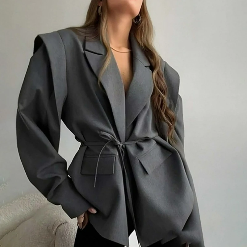 2026 Spring Autumn Fashion Cross-border Casual Commuting Loose Versatile Waist-cinching Slimming Lace-up V-neck Coat for Women