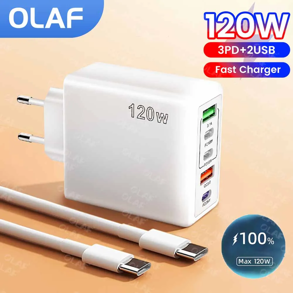 Total 120W Fast Charger Type C PD Charger QC 3.0 USB Charger Adapter For iPhone 16 15 14 Pro Samsung Xiaomi 60W PD Type C Cable