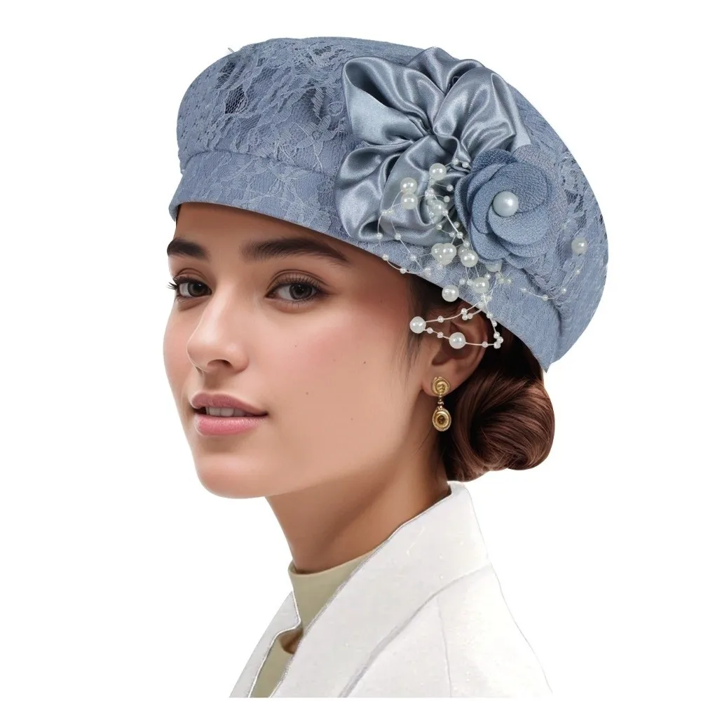 Vintage Soft Breathable Lace Beret Hat Polyester Pearl Tassel Floral Decor Hat Comfortable Stretch Fit Tea Party Cap Party