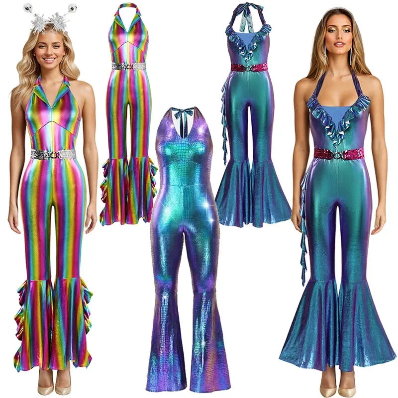 ヒップホップレトロロールプレイングセクシーダンスレディース70年代ディスコグローホーンジャンプスーツ、ハロウィンカーニバルセット付きft1/