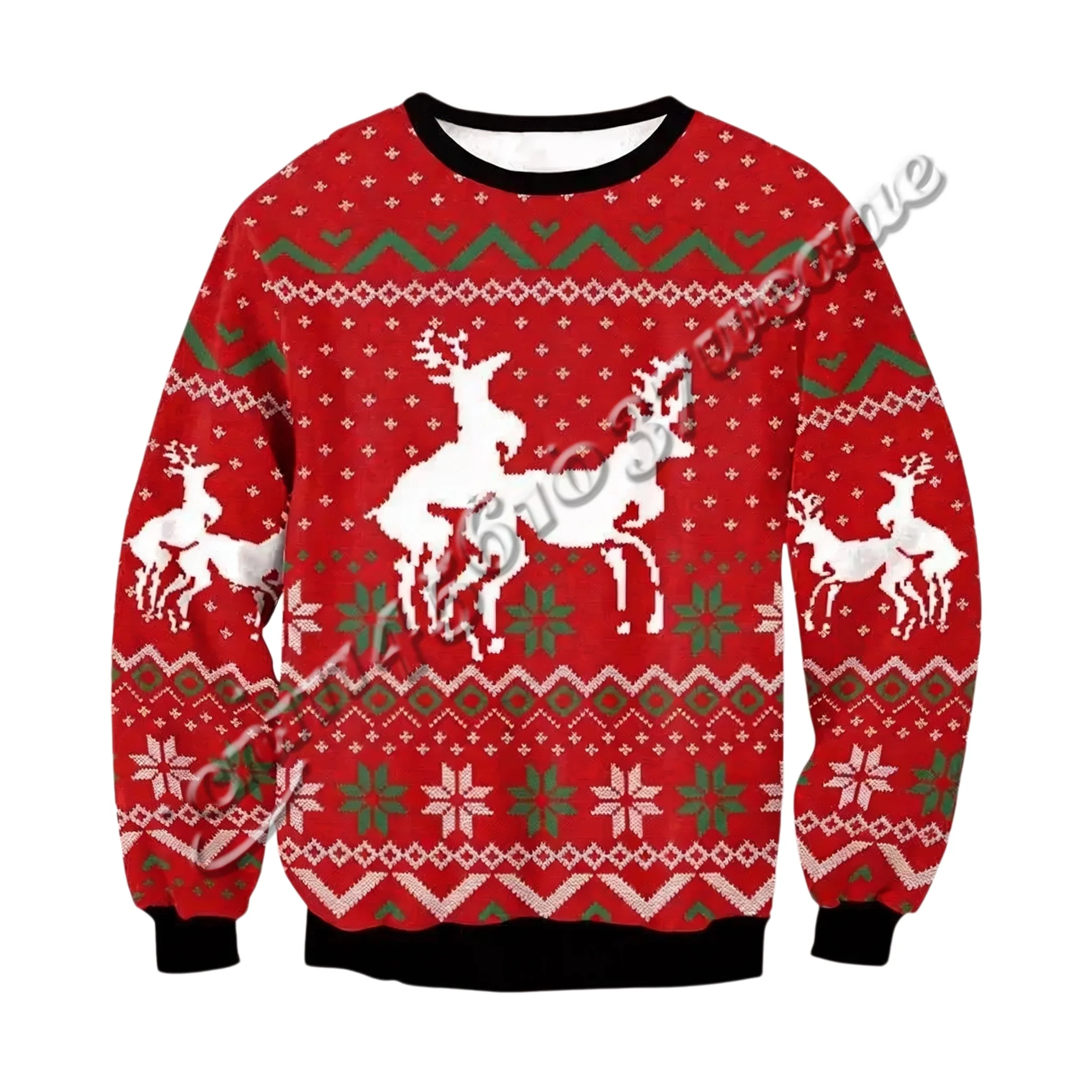 NEUE Kollektion von hässlichen Weihnachtspullovern, lustiger Scherzartikel, Schneeflocken-Rentier, 3D-Druck, Rundhalsausschnitt, Herbst-Winter-Sweatshirt, passend für die ganze Familie – Detail 4