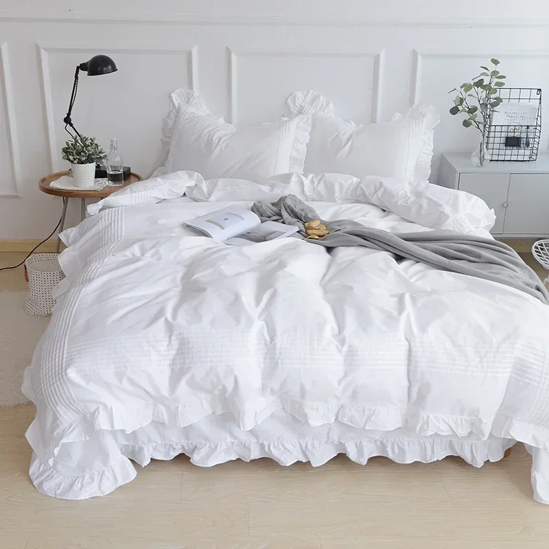 Super Sale White Bedding Set Elegant Handmade Ruffle Duvet Cover Set Princess Queen Bed Set Home Bed Sheet Cotton Linen