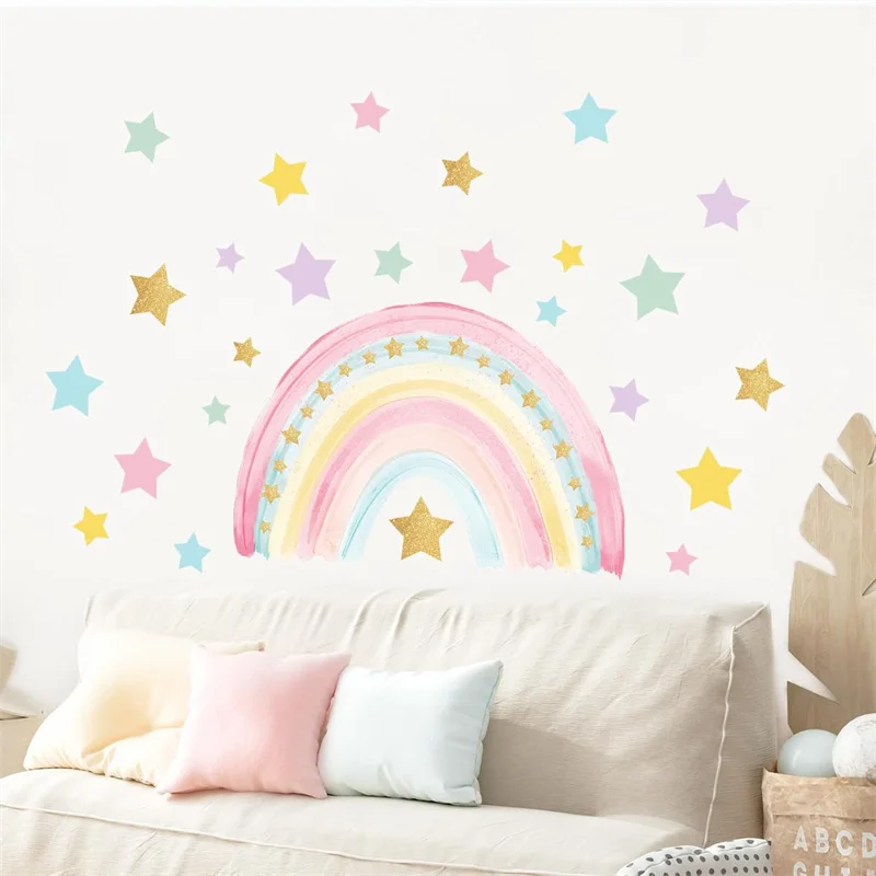 Boho Watercolor Stars Rainbow Wall Stickers for Kids Room Decals DIY Self-adhesive Vinyl Murals Girls Bedroom Nursery Wallpaper