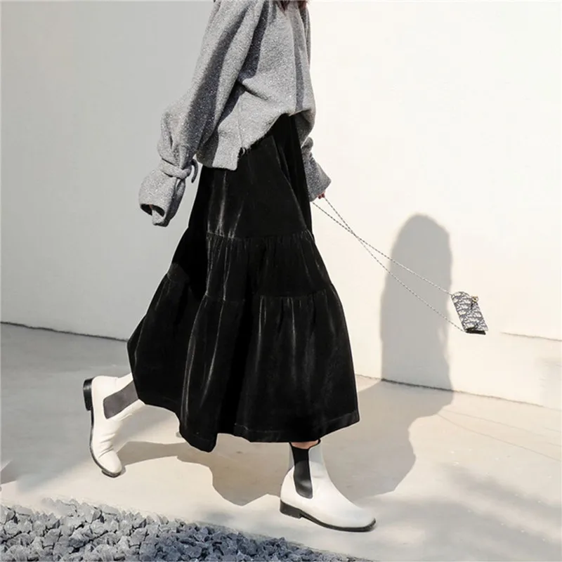 تنورة طويلة مخملية كلاسيكية للسيدات لخريف وشتاء 2026 تنورة أنيقة عالية الخصر بطيات مكشكشة مقاس كبير تنانير قطيفة للربيع #2