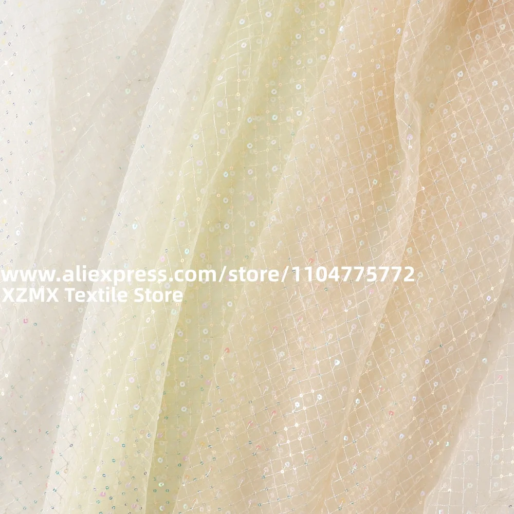 Sheer Grid Mesh Fabric With Tiny Iridescent Sequins, Soft Tulle For Bridal Gown, Birthday Dress & Decoration