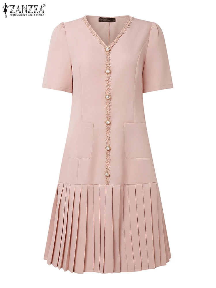 ZANZEA Büro-Damenkleider 2025, elegantes Sommerkleid, stilvoll, V-Ausschnitt, Party-Sommerkleid, kurze Ärmel, Arbeit, knielang, Vestidos Robe