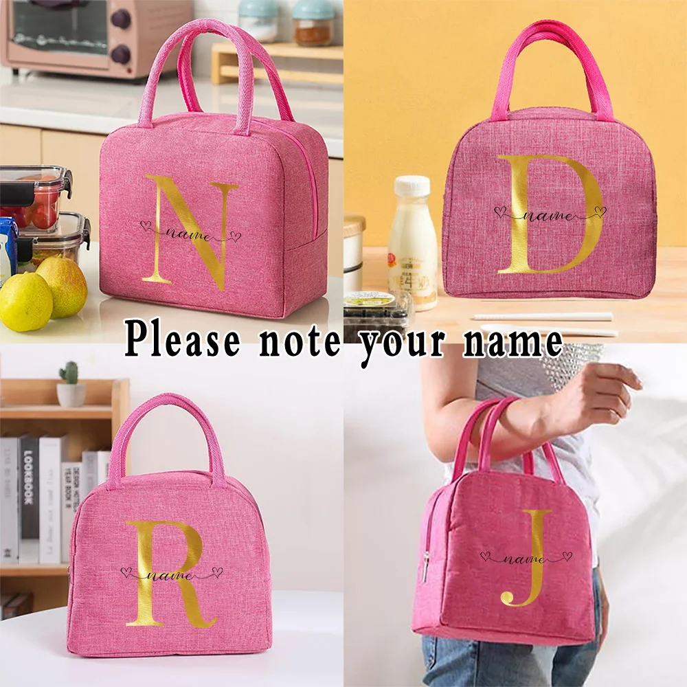 Insulated Lunch Bag for Women Portable Travel Camping Picnic Bag Custom Name 26 Letter Series Food Cooler Thermal Bags Handbag