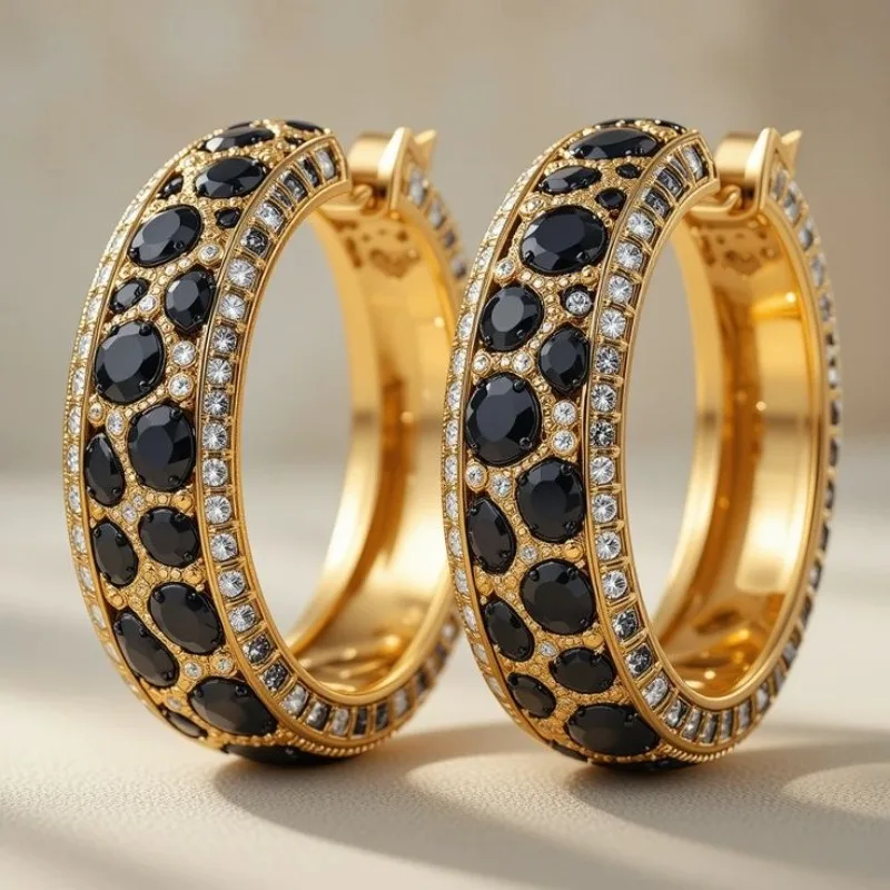 Fashionable Atmospheric Inlaid Cubic Zircon Hoop Earrings For Women Light Luxury Style Daily Commuting Party Earrings Jewelry