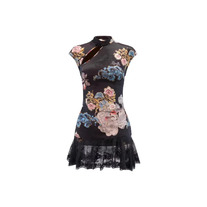 Damen Blumenmuster Cheongsam Minikleid mit Spitzenbesatz und Rücken-Schnürung aus Satin, figurbetontes Partykleid 2026