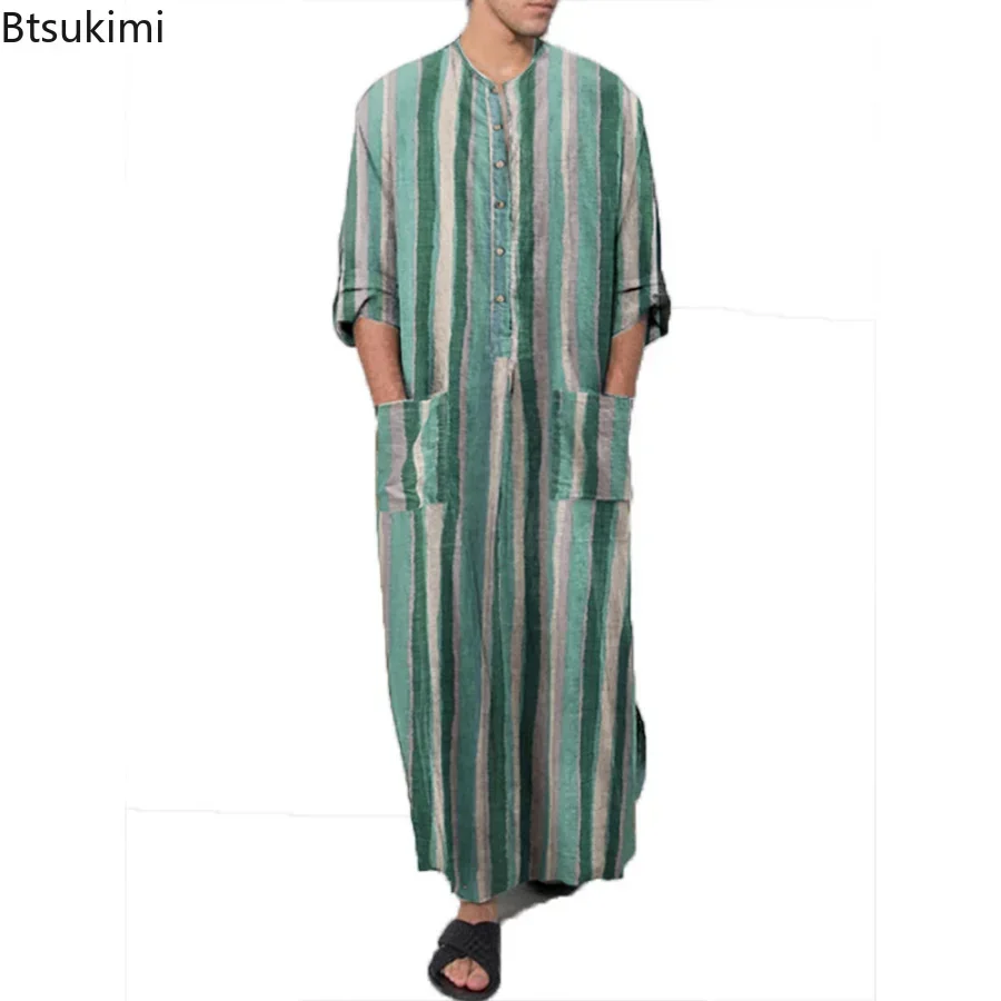 2025 Men's Muslim Clothing Abayas Cotton Linen Nightgowns Bathrobe Robe Kaftan Holiday Beach Robe Man Muslim Kaftan Arabic Dress