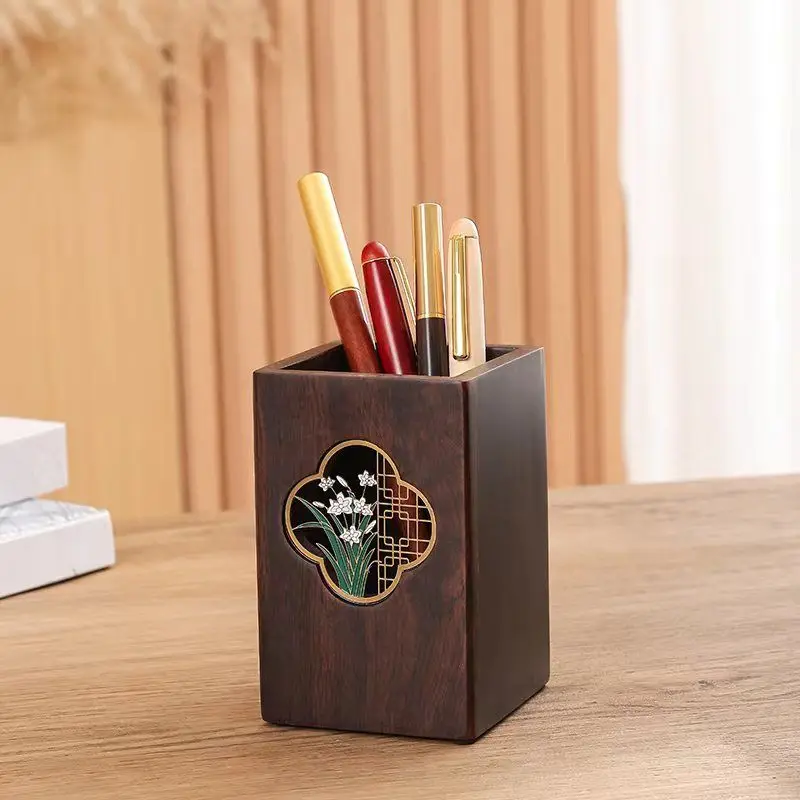 Chinese-Style Wooden Calligraphy Brush Pen Holder Ornament Office Stationery Desktop Storage Box Decorative Wooden Pen Holder