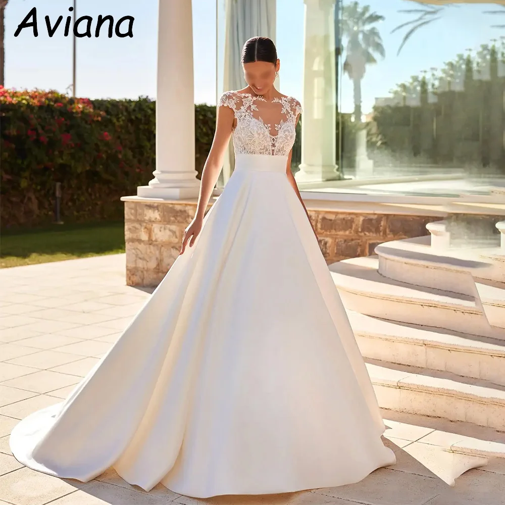 

Customized Elegant Long A-Line Wedding Dresses Satin Boat-Neck Floor-Length Sweep Train Bridal Women Vestidos De Novias 2025