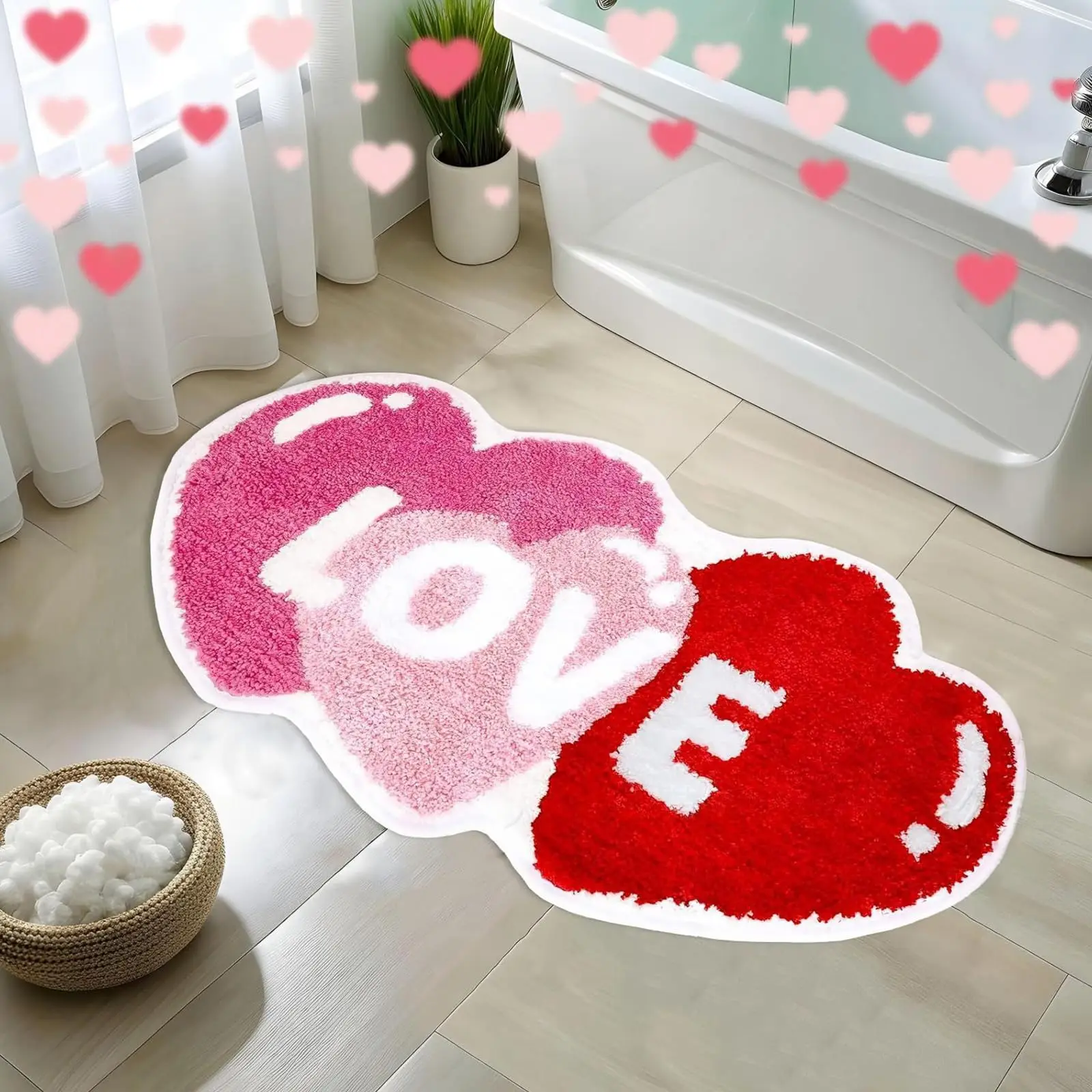 VIKAMA Valentinstag-Badezimmerteppich, rutschfest, herzförmig, rosa, rot, Duschmatte, niedliches Dekor für den Eingangsbereich, Heimdekoration