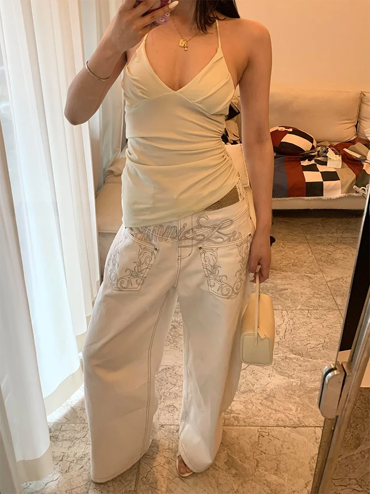 American High Street Design Printed Distred Wide Leg Jeans Women's Sexy Knife  Pants High Waist Long Trousers