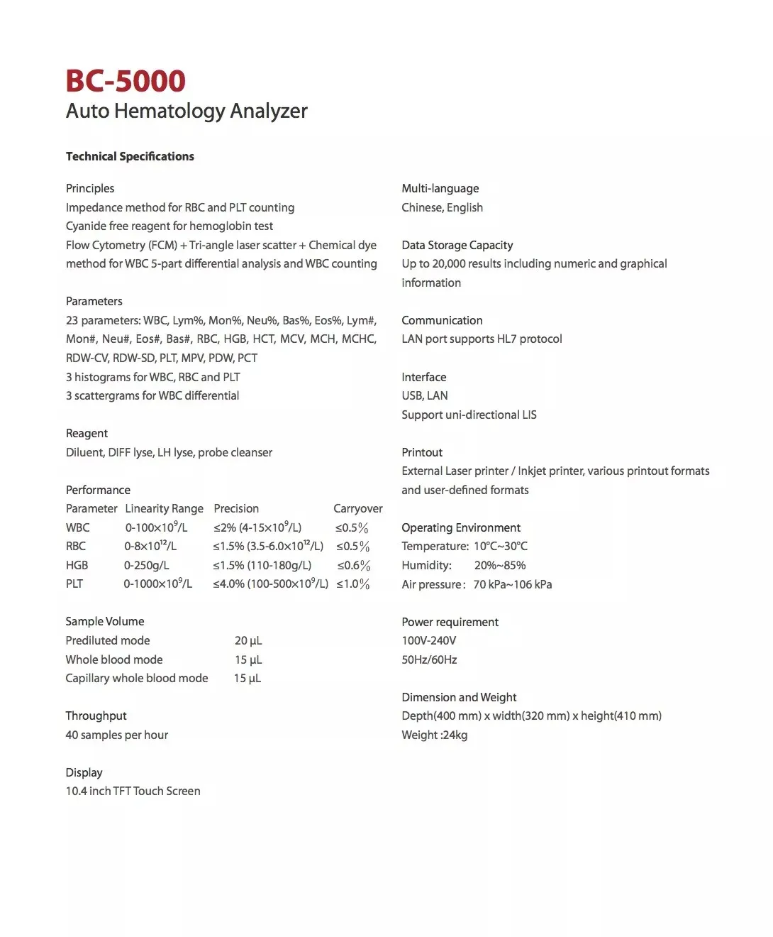 Analisador Hemológico Mindray WBC5000, contador Auto De Células Sanguíneas, BC5150