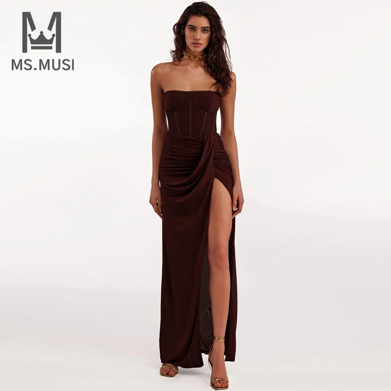 

MSMUSI 2024 New Fashion Designer Women Sexy Strapless Lace Mesh Draped Sleeveless Bodycon Party Club Slit Maxi Dress Long Gown