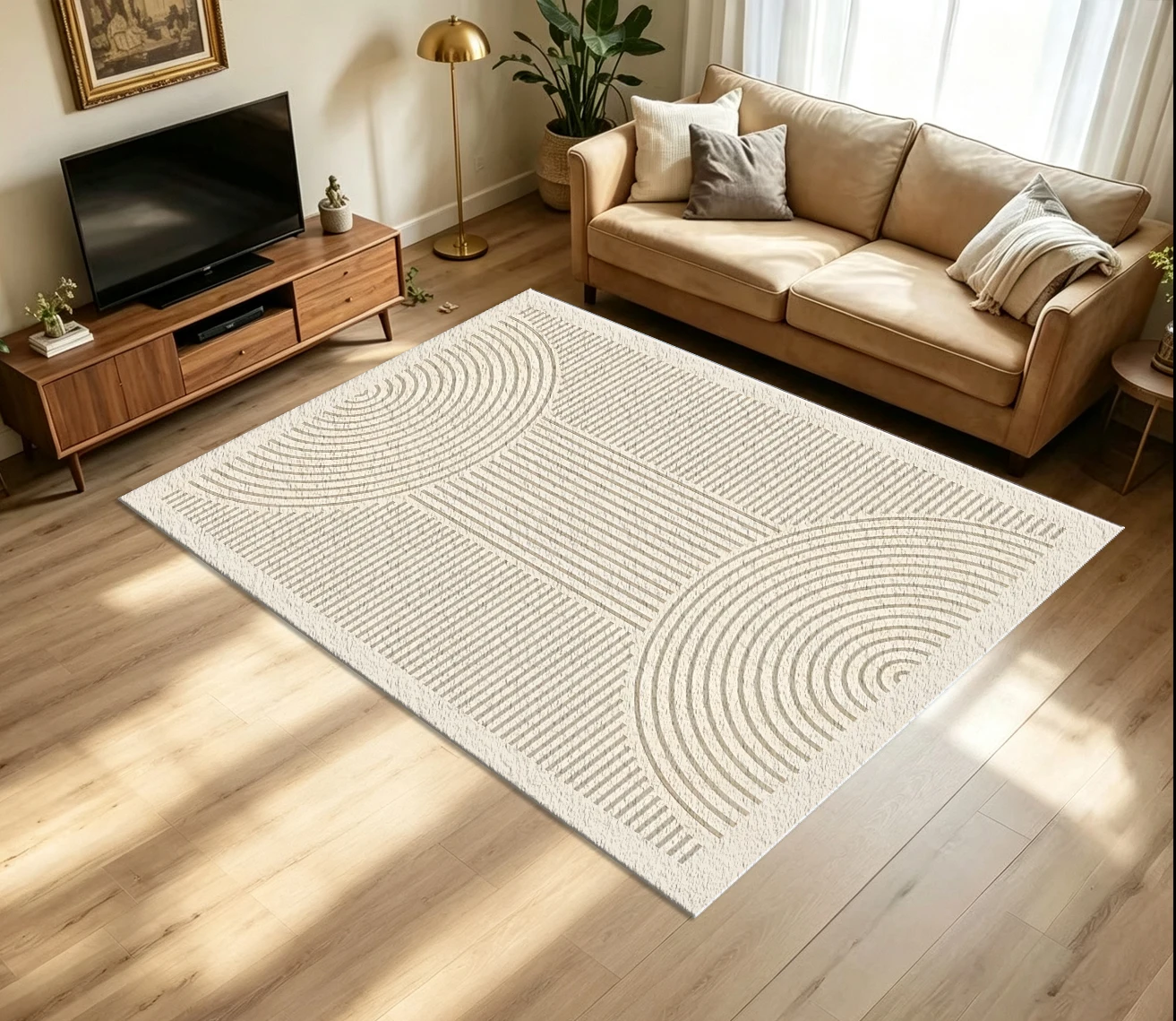 Cream Beige Symmetrical Curved Linear Carpet Flooring Mid-Century Geometric Large Area Rug for Bedroom Apartment Decor