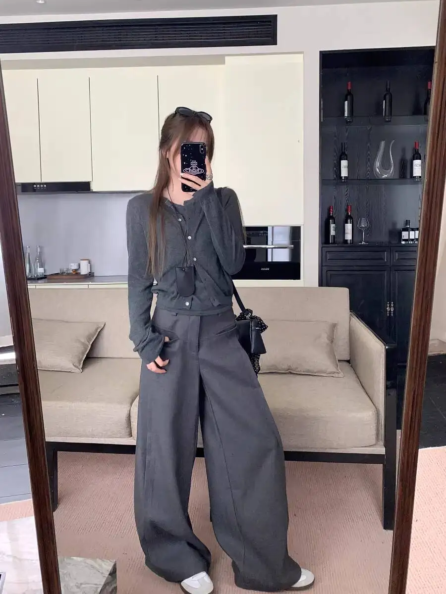 Women's Suit Pants 2026 Spring Autumn High Waist Grey Pants High End Versatile Black Wide Leg Straight Casual Trousers