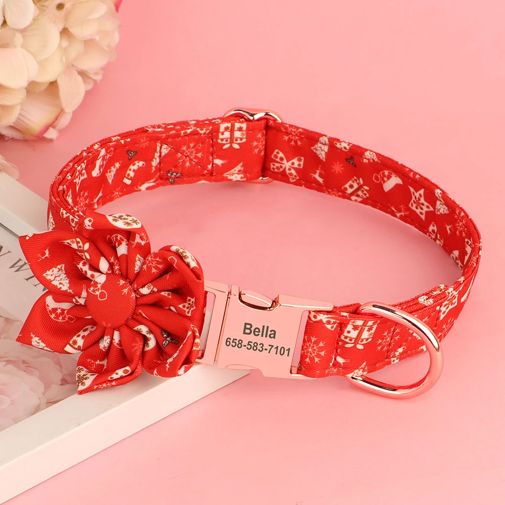 Christmas Personalized Dog Collar Custom Name ID Tag Bowknot Accessories Pet Collars For Small Medium Large Dogs Free Engrave