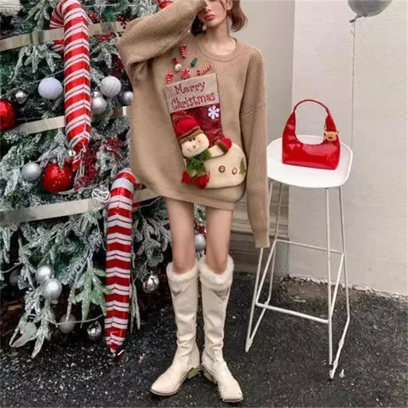 New Pull Hiver Femme Autumn Winter Christmas Theme Knitted Long Sleeve Decorative Sweater Women's Hoodie Loose New Year's Hoodie