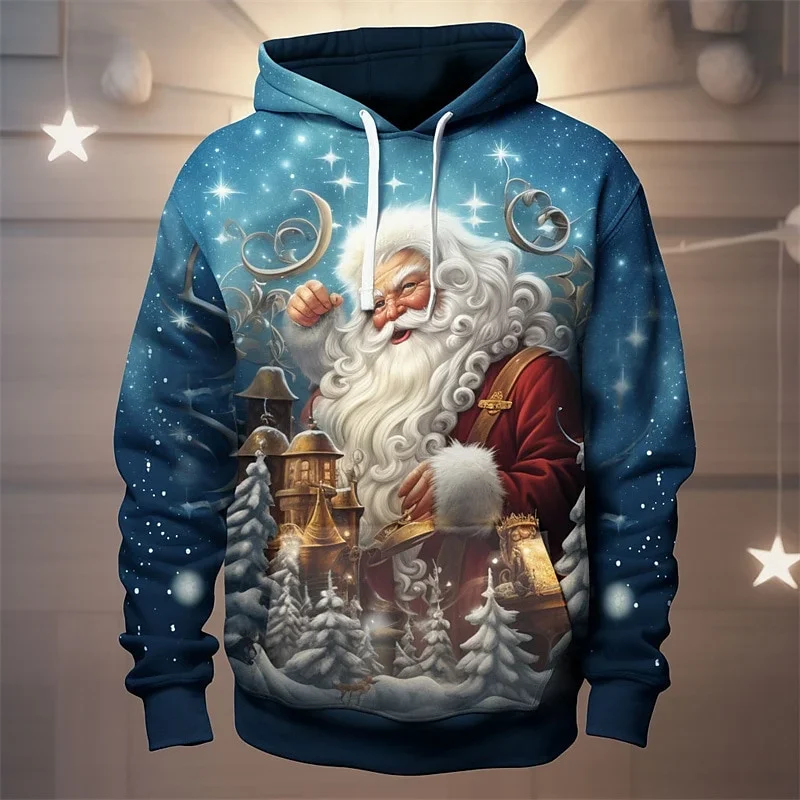 3D printed fun and ugly Santa Claus men's hoodie with Christmas reindeer pattern long sleeved casual sportswear suitable for bot