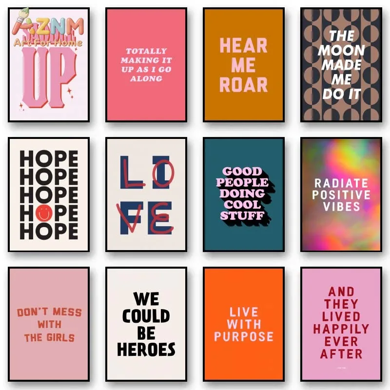 AZNM Colorful Trendy Quote Canvas Wall Art Retro Fun Typography Positive Vibe Poster Bedroom Dorm Unframed Decor Print